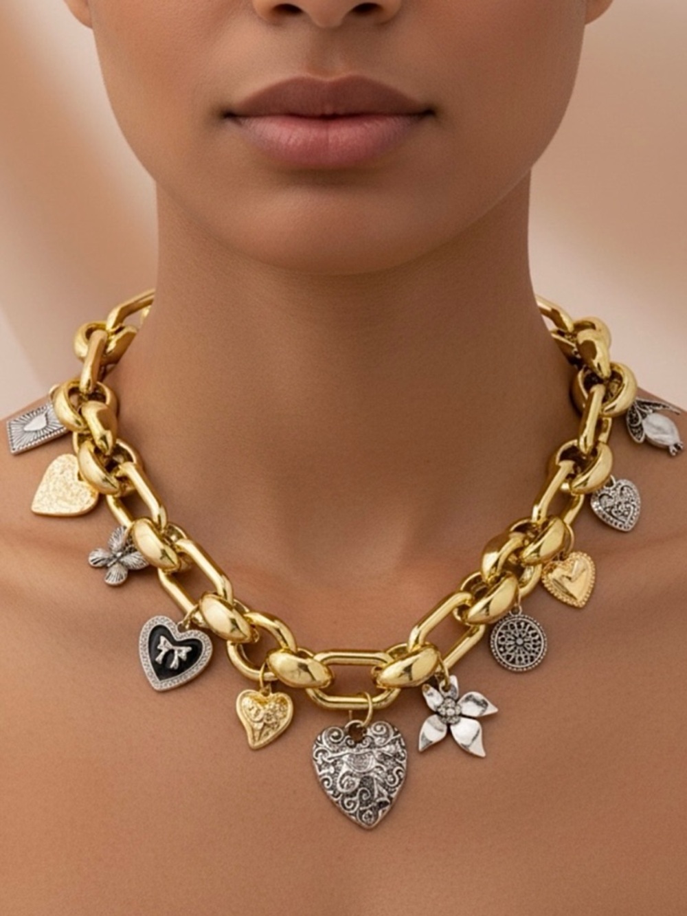 Gold Charm Necklace Stainless Steel Chunky Chain Heart Pendant Layered